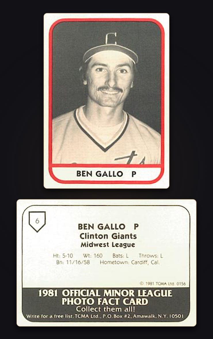 1981 Official Minor League Photo Fact Card Front and Back for Ben Gallo, Clinton Giants (San Francisco Giants affiliate)