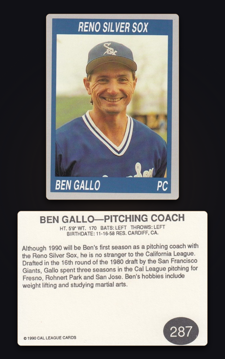 1990 California League Card #287 Front and Back for Ben Gallo, Reno Silver Sox Pitching Coach