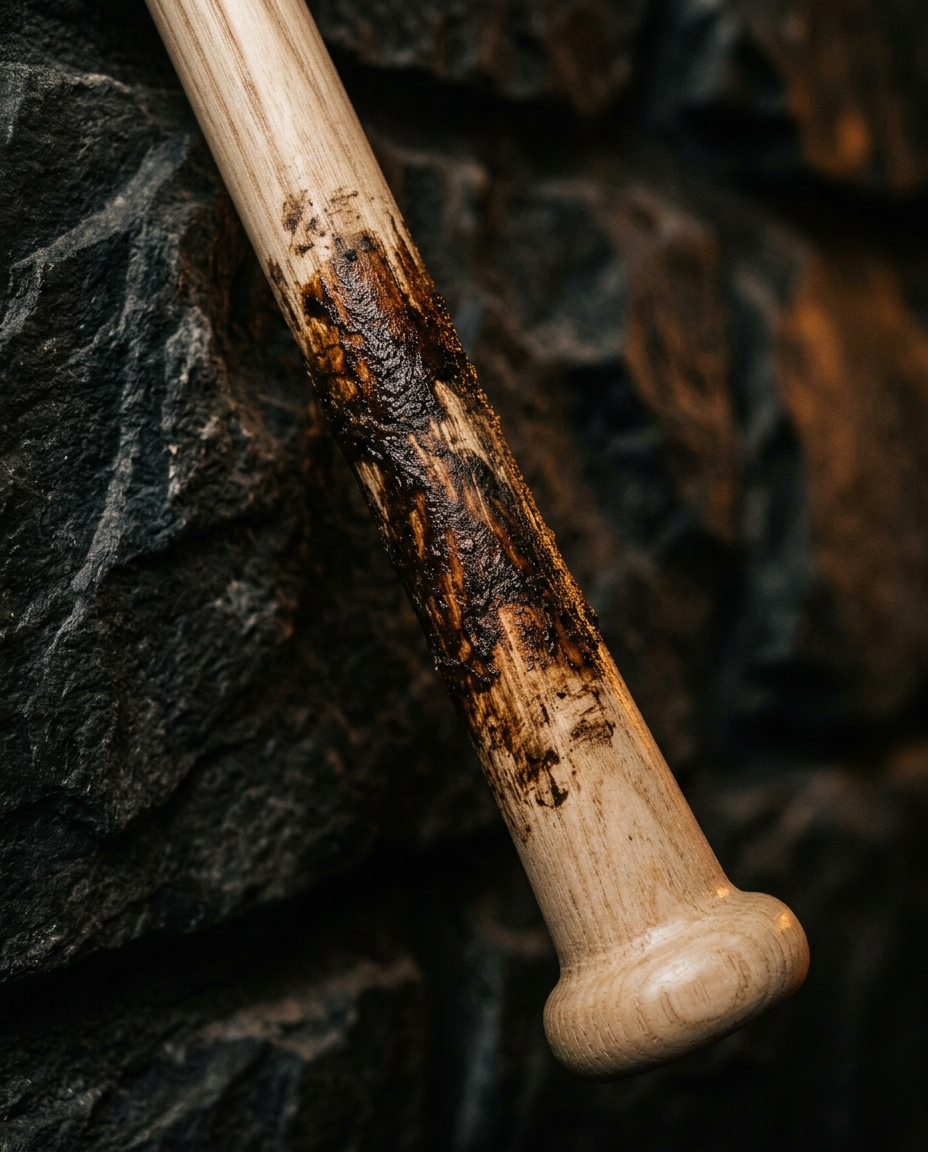 Detail of pine tar grip on an ash baseball bat